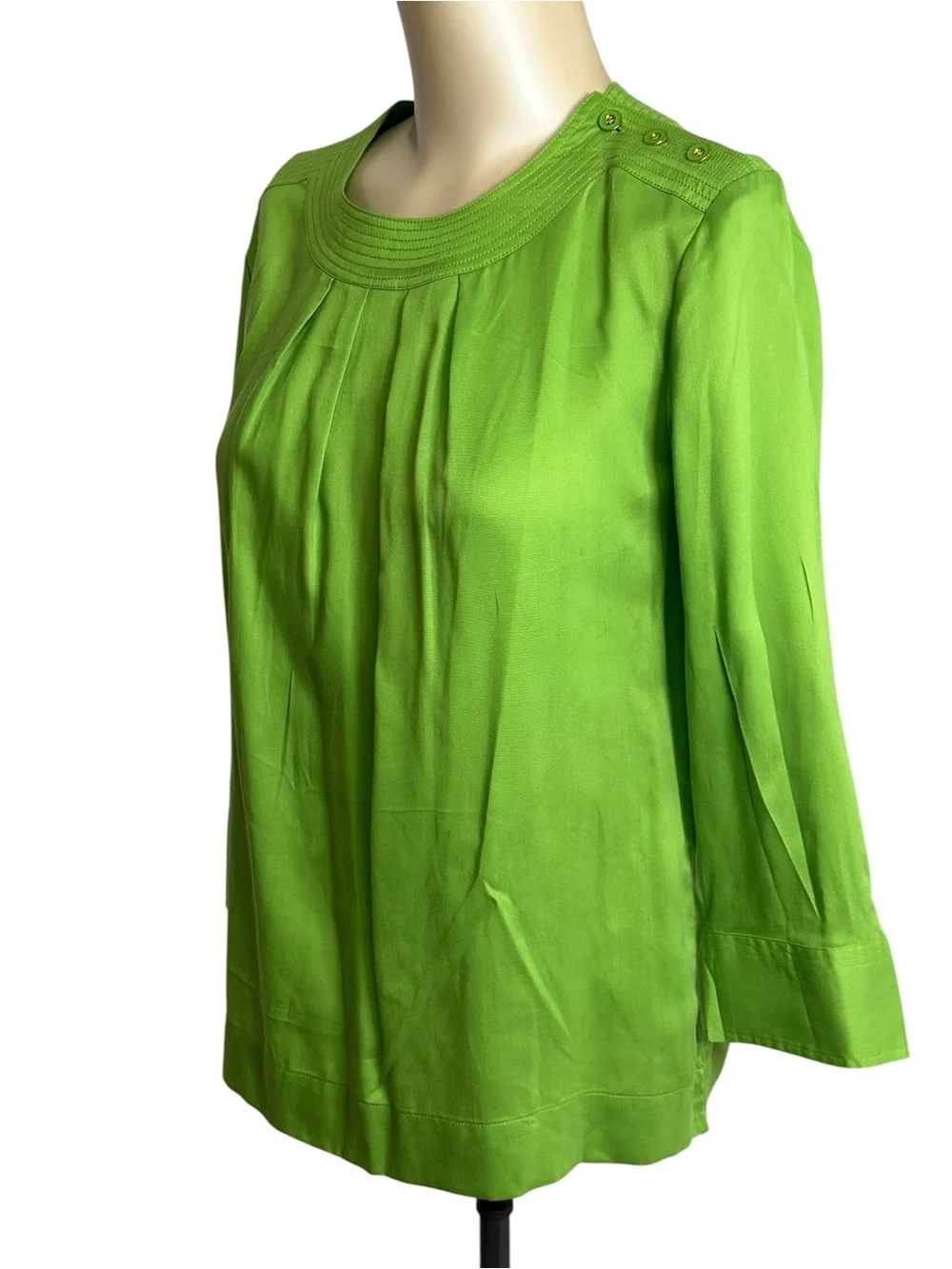Talbots 100% Tencel Lyocell Lime Green Pleated 3/4 Sleeve Blouse Size 4